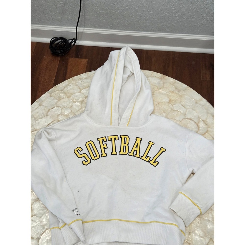Justice‎ Active Girls White Softball Graphic Hoodie Yellow Trim Size 10 Pullover